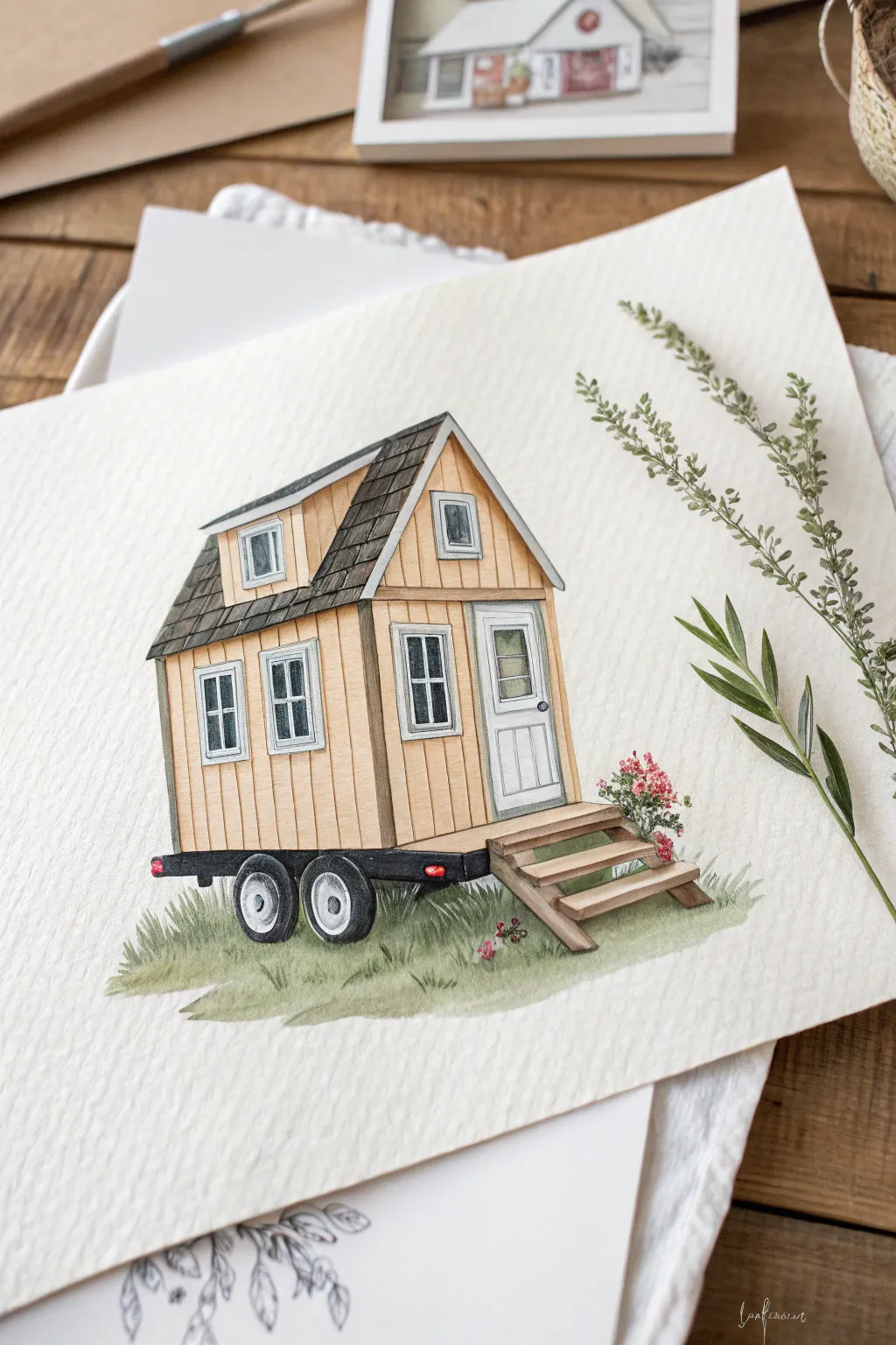 Tiny house on wheels sketch idea with cozy porch and window box in calm Nordic boho style