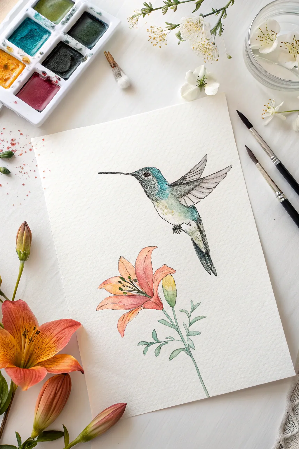 Ink outline hummingbird with airy watercolor fills, clean lines and bright minimalist contrast