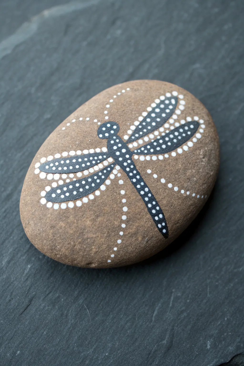 Minimal dot-painted dragonfly on a smooth rock, crisp rows of dots on a bold dark backdrop.