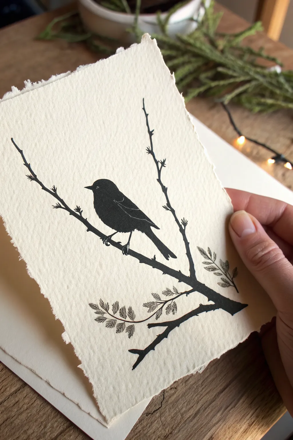 Simple linocut bird on a branch with bold contrast and a calm Scandinavian-boho feel.