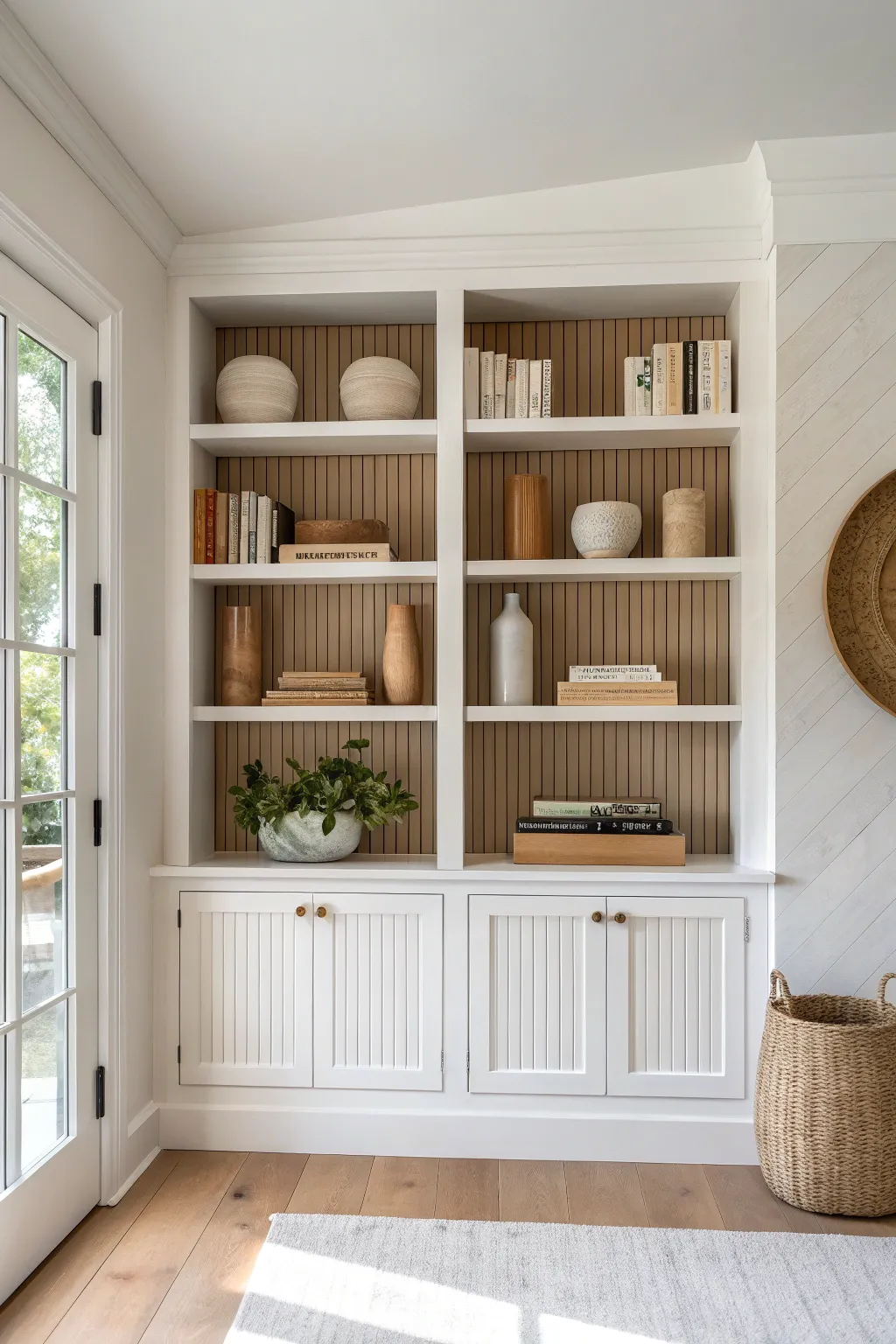 Minimal built-in shelves with clean vertical stripe backs in a calm two-tone palette
