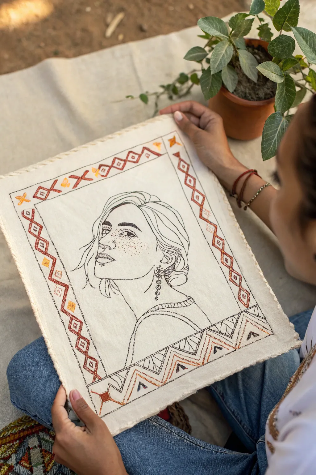 Minimal self-portrait framed by heritage motifs, a calm and meaningful identity drawing idea
