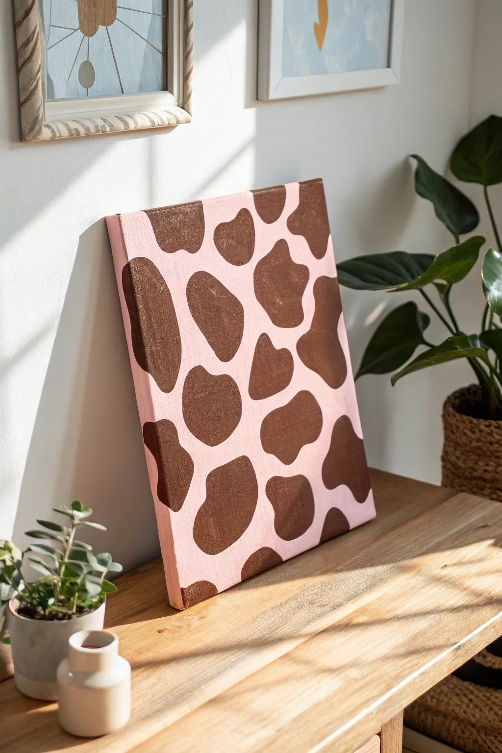 Easy indie vibe: paint a bold cow print pop background in blush pink and cocoa brown.