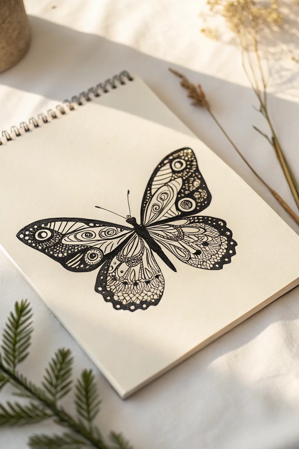 Bold butterfly silhouette packed with calming zentangle patterns for an easy, eye-catching drawing idea