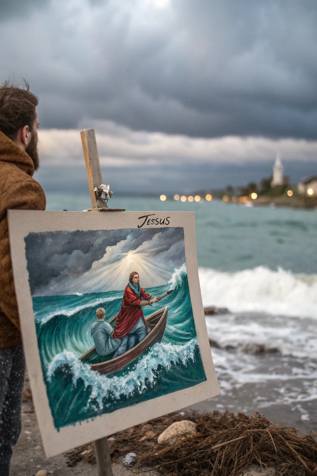 Calming storm-at-sea painting idea: Jesus as the steady light amid dramatic waves