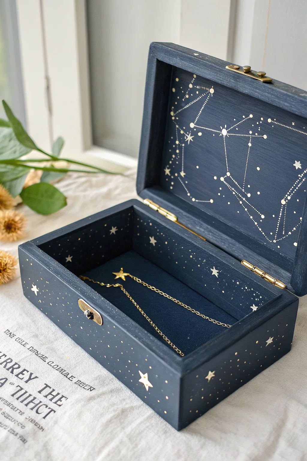 Starry night splatter-painted jewelry box, slightly ajar with a necklace for dreamy DIY inspo
