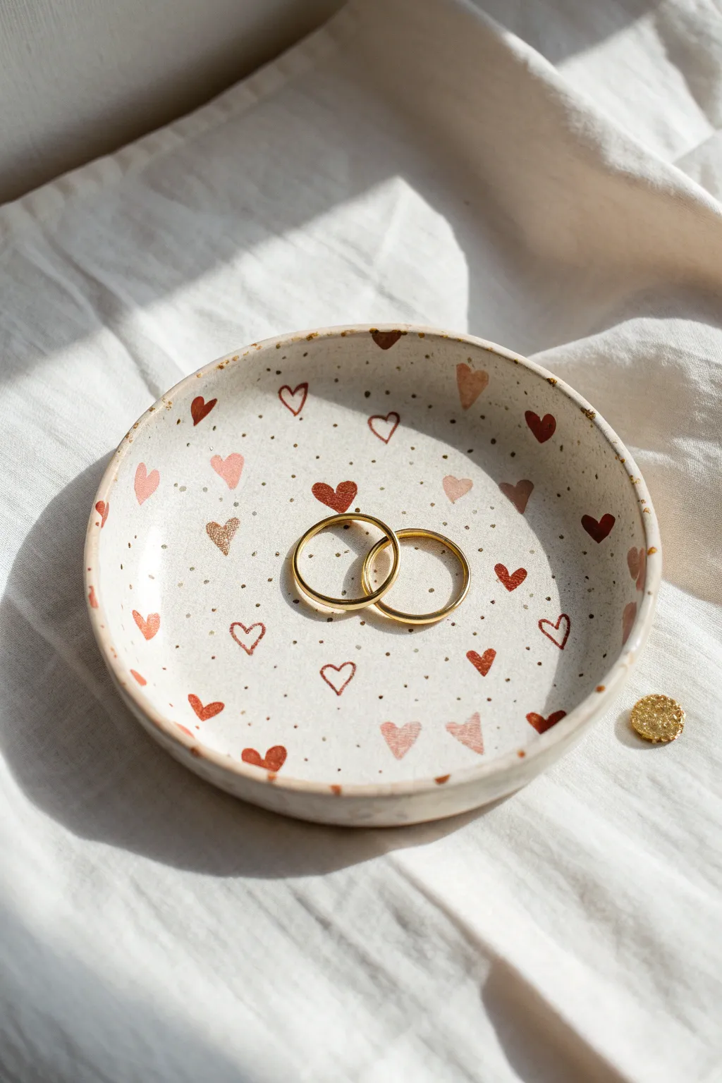 Tiny heart confetti jewelry dish with gold rings, bright minimal styling and soft boho charm.