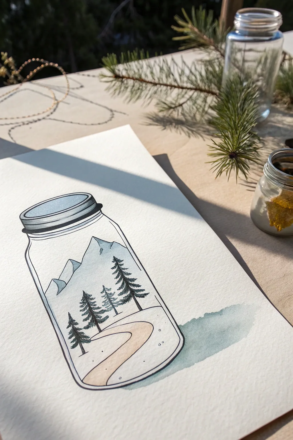 Simple juxtaposition sketch: a tiny mountain world tucked inside an everyday glass jar