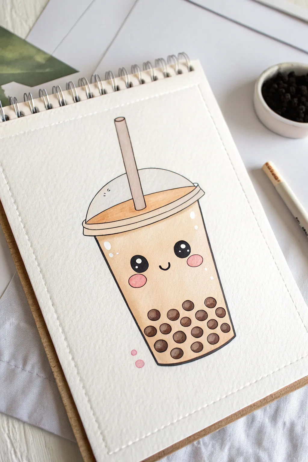 Kawaii boba cup character on textured paper, minimalist Scandinavian boho palette, high contrast.