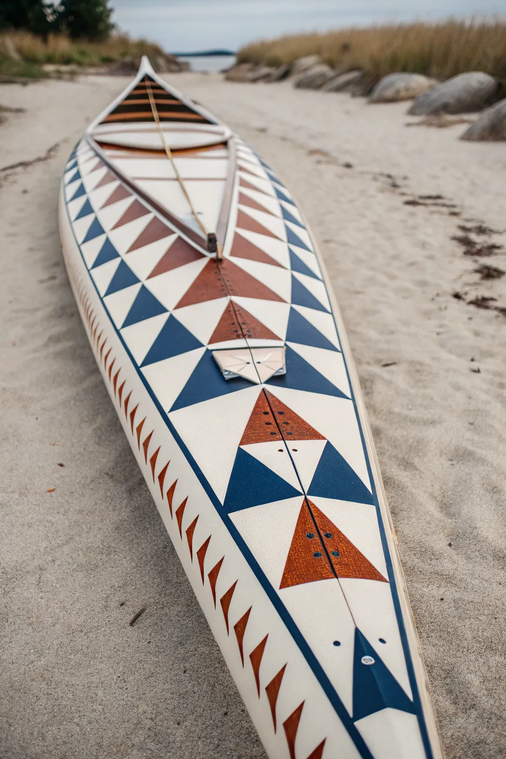 Bold geometric kayak hull pattern in high-contrast tones, clean lines, minimal boho charm