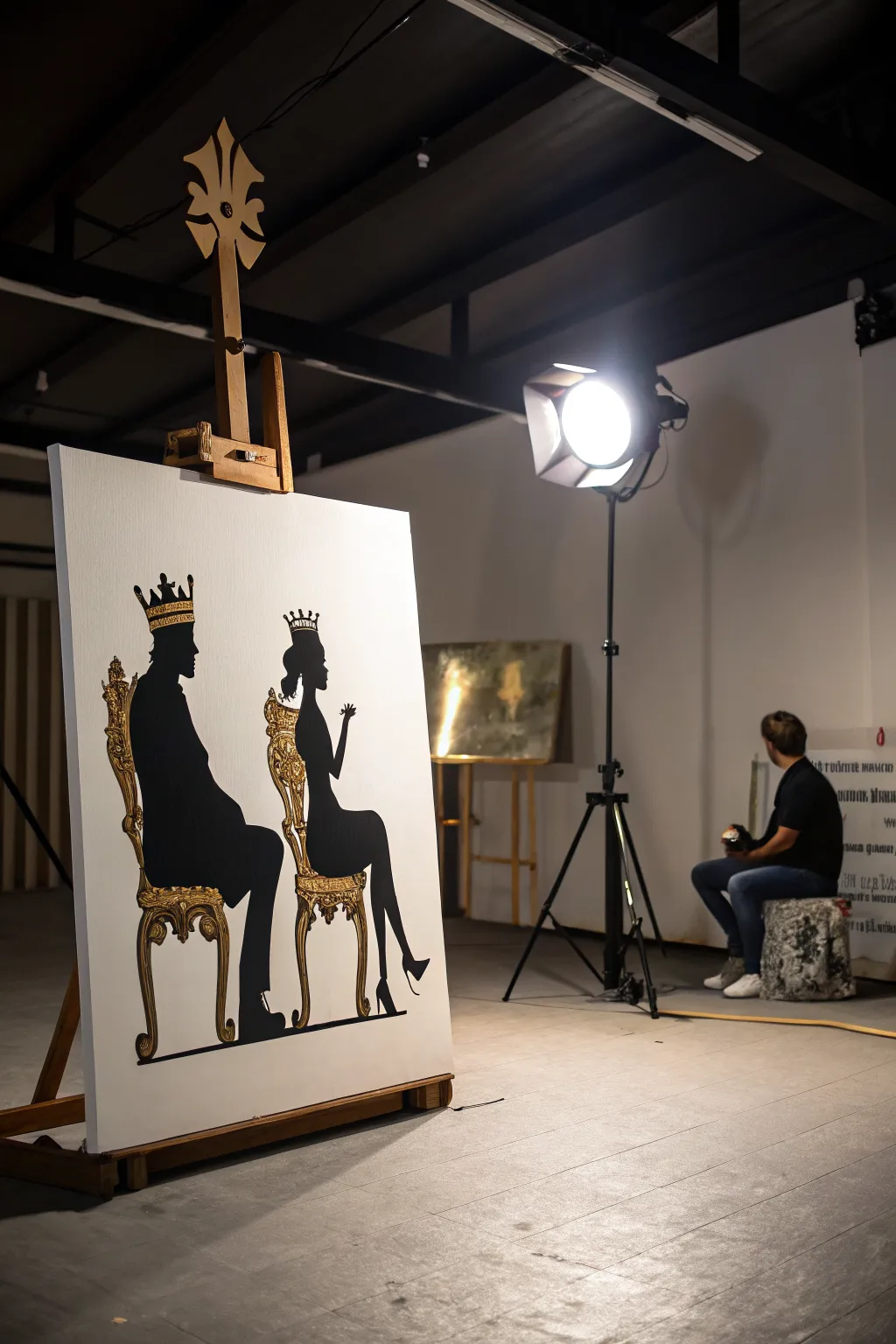 Dramatic chiaroscuro king and queen on minimalist thrones with shimmering gold crowns