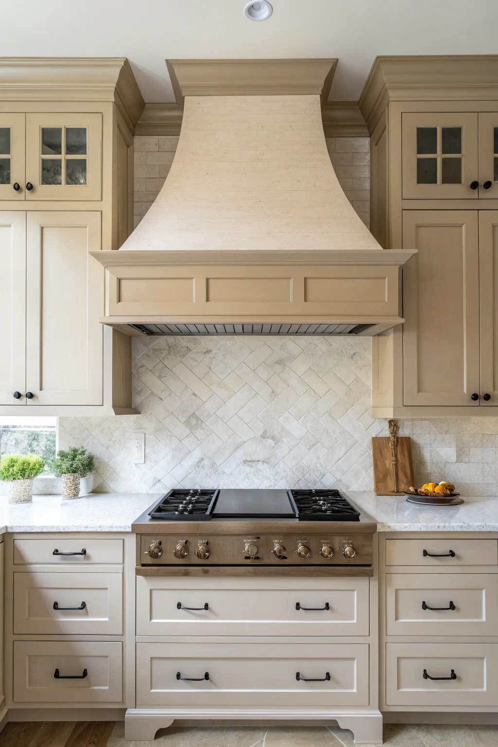 Paint the range hood to match cabinets for a seamless built-in look with soft, modern contrast.