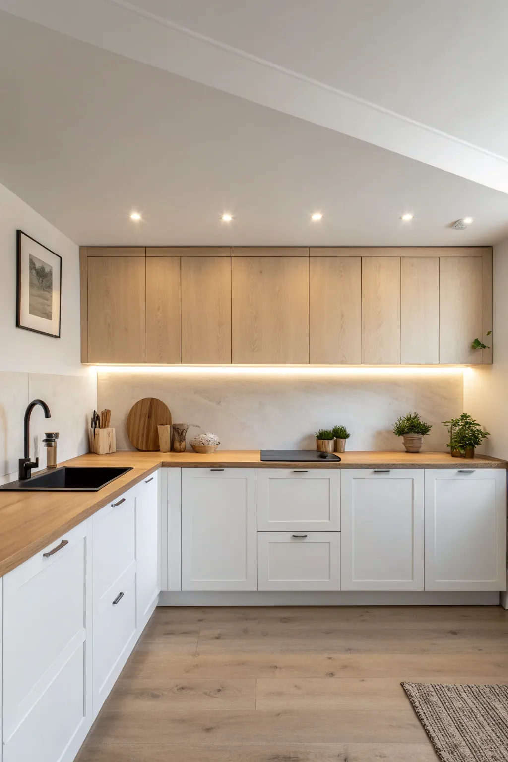Turn your soffit into a cozy lighting bulkhead with warm recessed glow above clean cabinets
