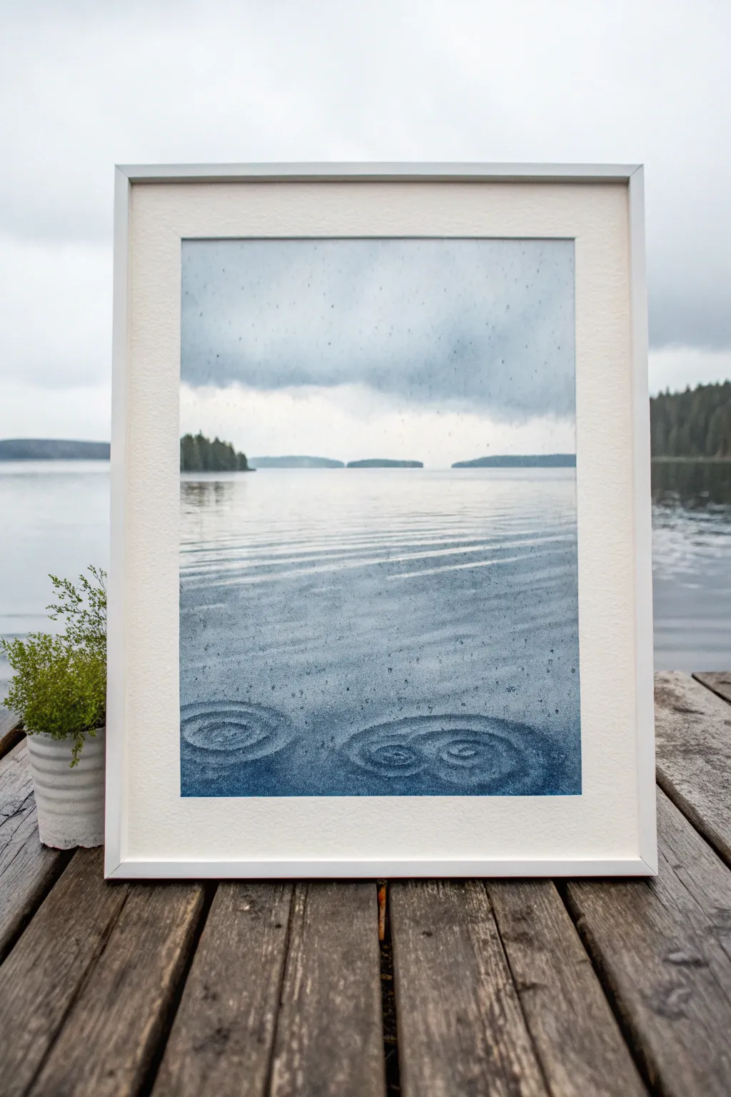 Soft gray-blue rainy lake painting with textured ripples, minimalist Scandinavian mood.