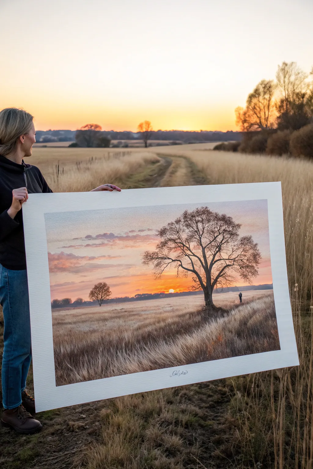 Golden hour field glow painting idea with long shadows, warm sky, and simple rim-lit trees