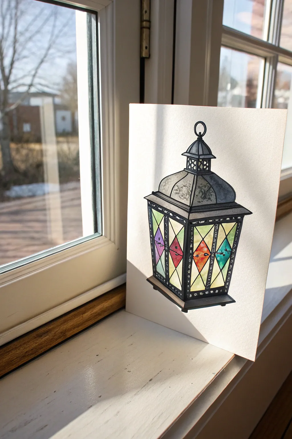 Jewel-tone stained glass lantern panes with bold leading lines, minimalist and softly boho