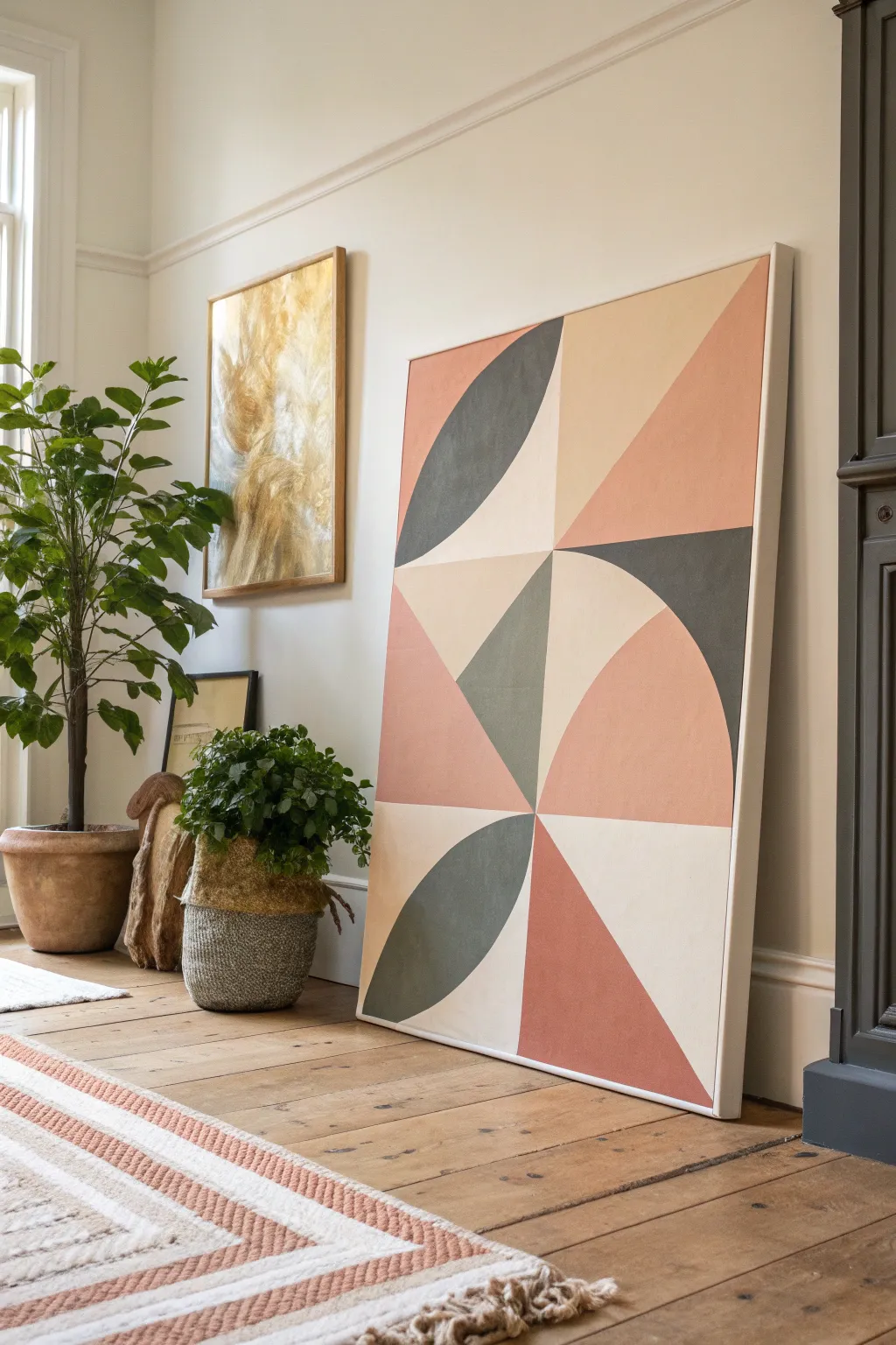 Large geometric shapes on a big canvas, crisp edges and muted tones for modern minimalist style