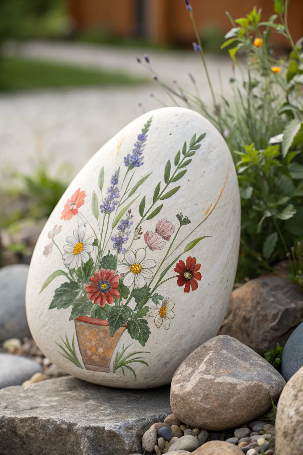 Large rock painted as a wildflower vase, crisp details and soft garden bokeh contrast.