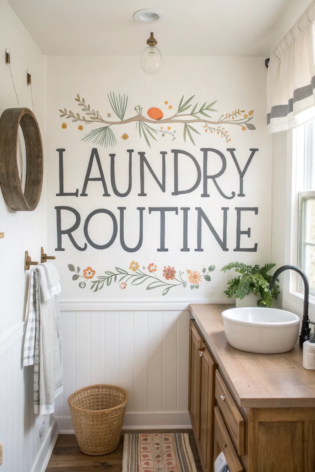 Minimalist hand-lettered wash-day routine mural with boho icons for a calm, tidy laundry room