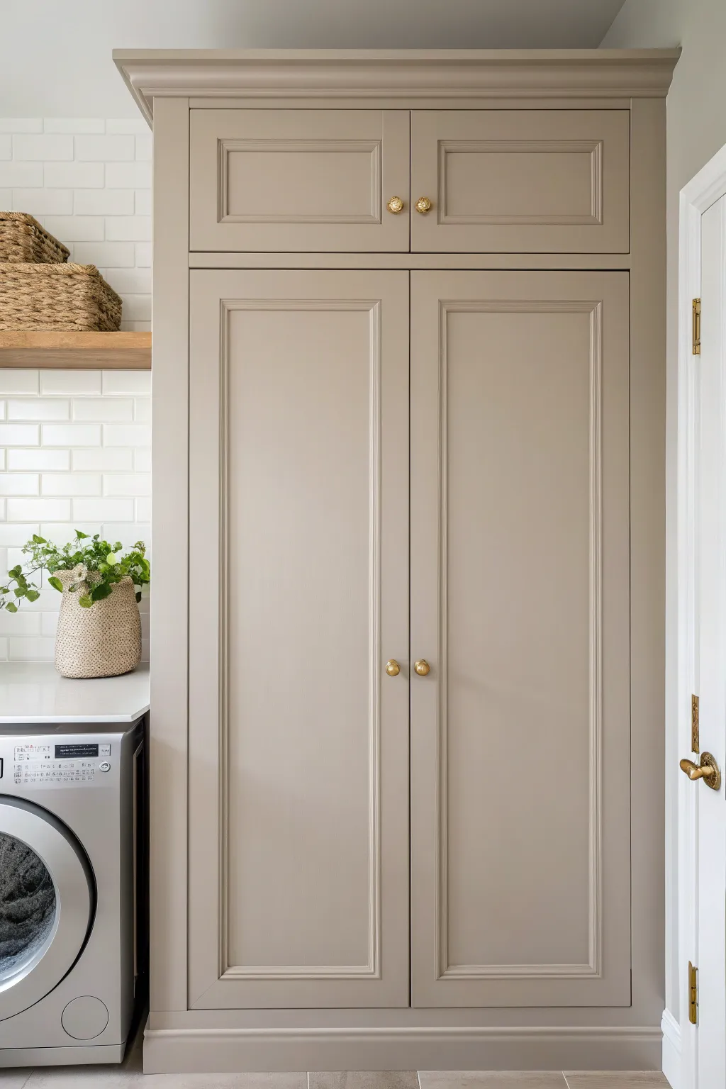 Same paint color, different sheens: matte walls and satin cabinets for soft, modern depth.