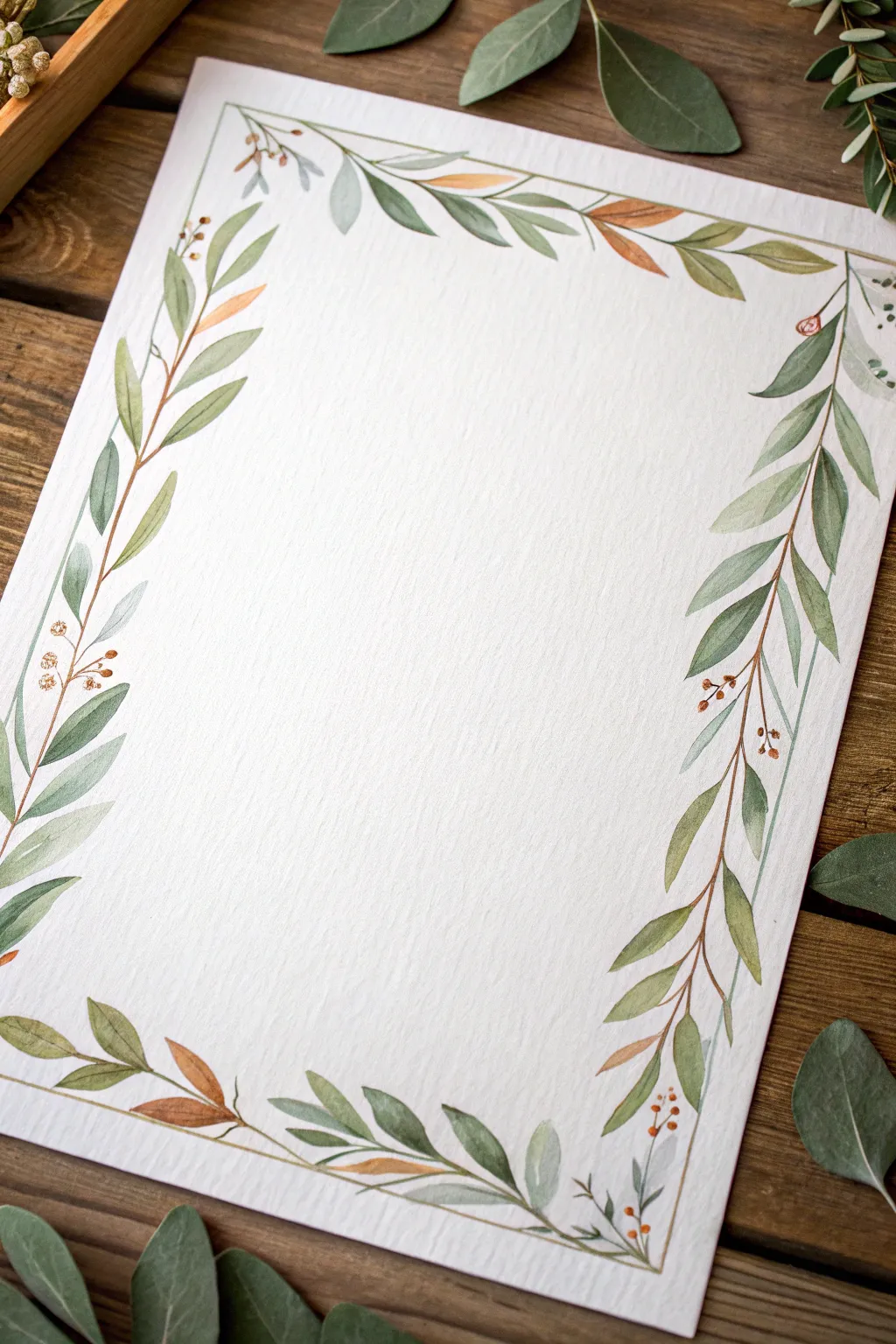Minimal leaf garland border on crisp paper for calm Scandinavian boho watercolor practice