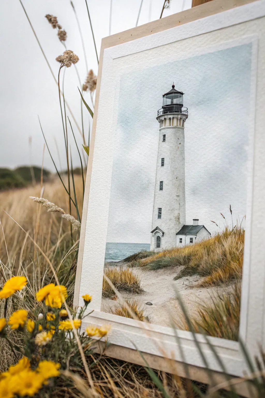 Wild coastal wildflowers frame a crisp lighthouse in a serene minimalist watercolor.