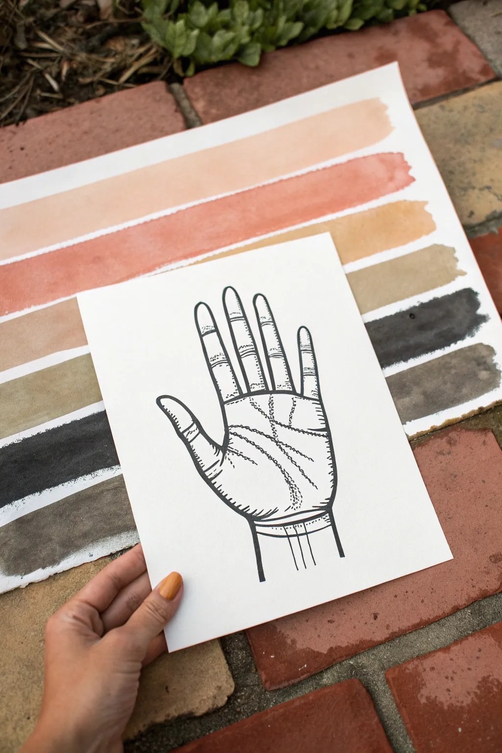 Minimal hand outline with bold painted stripes, clean negative space, Scandinavian boho calm.