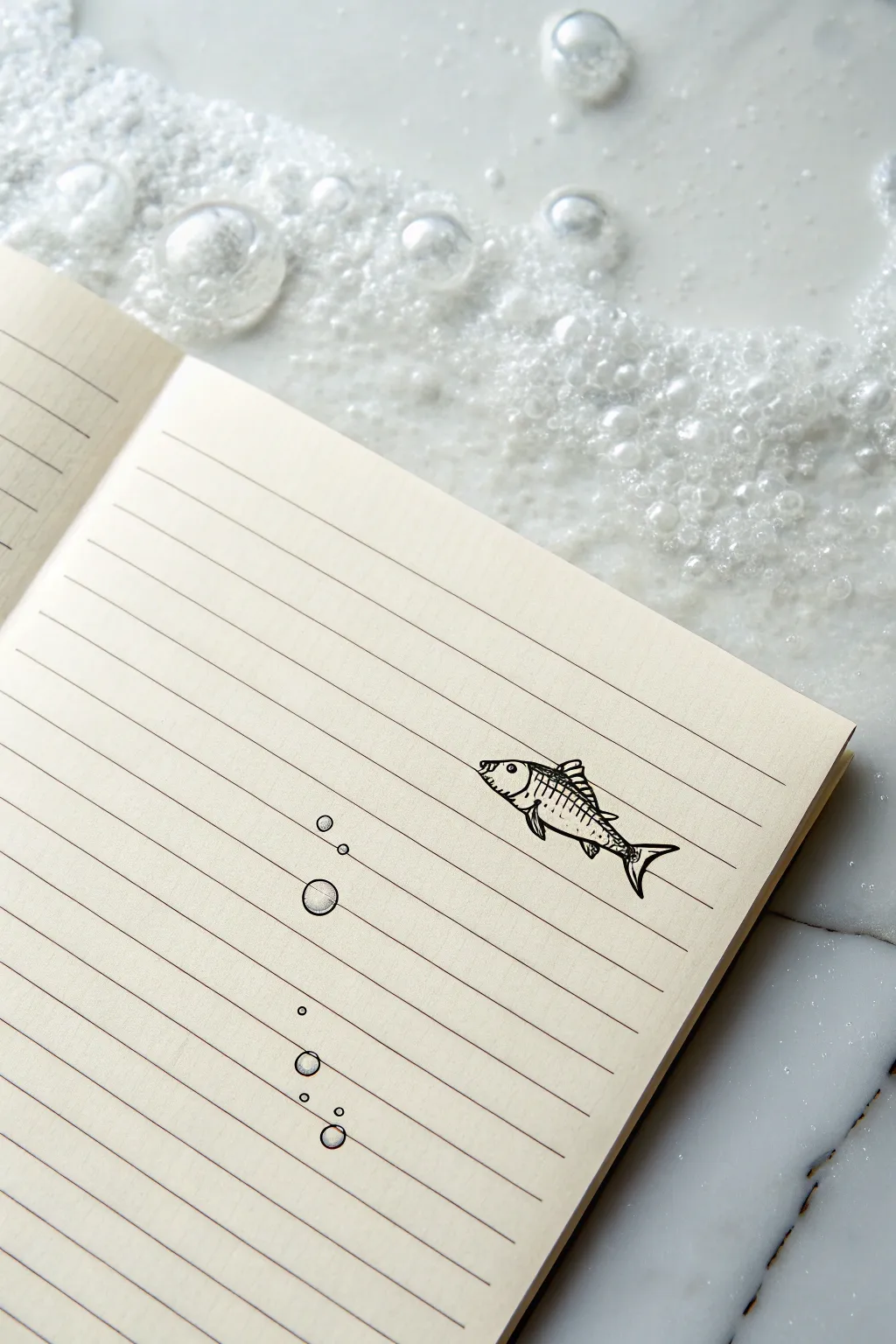 Minimal lined-paper fish illusion, swimming behind ripples with bubbles for layered depth.