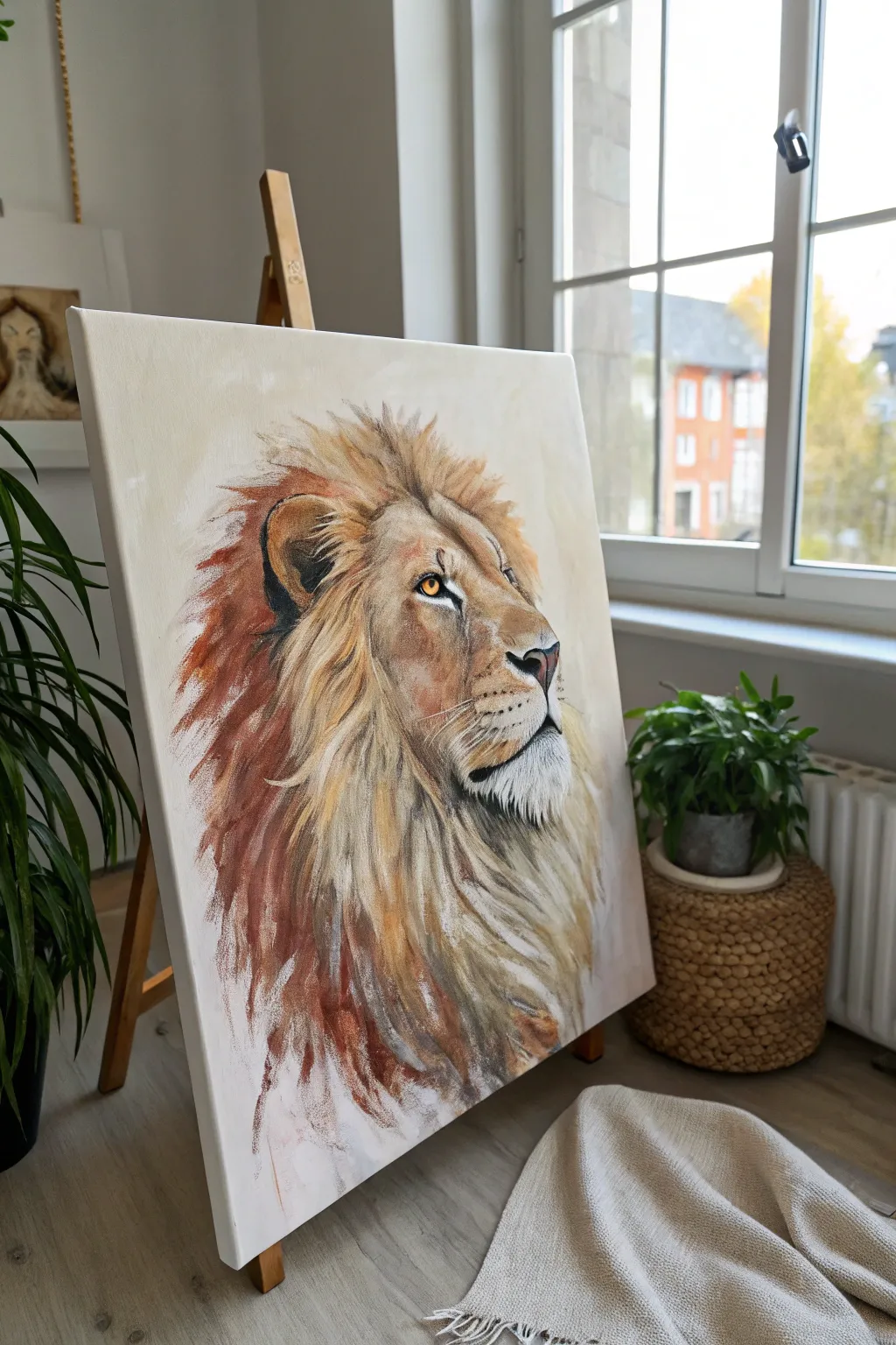 Impressionistic lion with bold chunky mane strokes, calm defined gaze, minimalist palette.