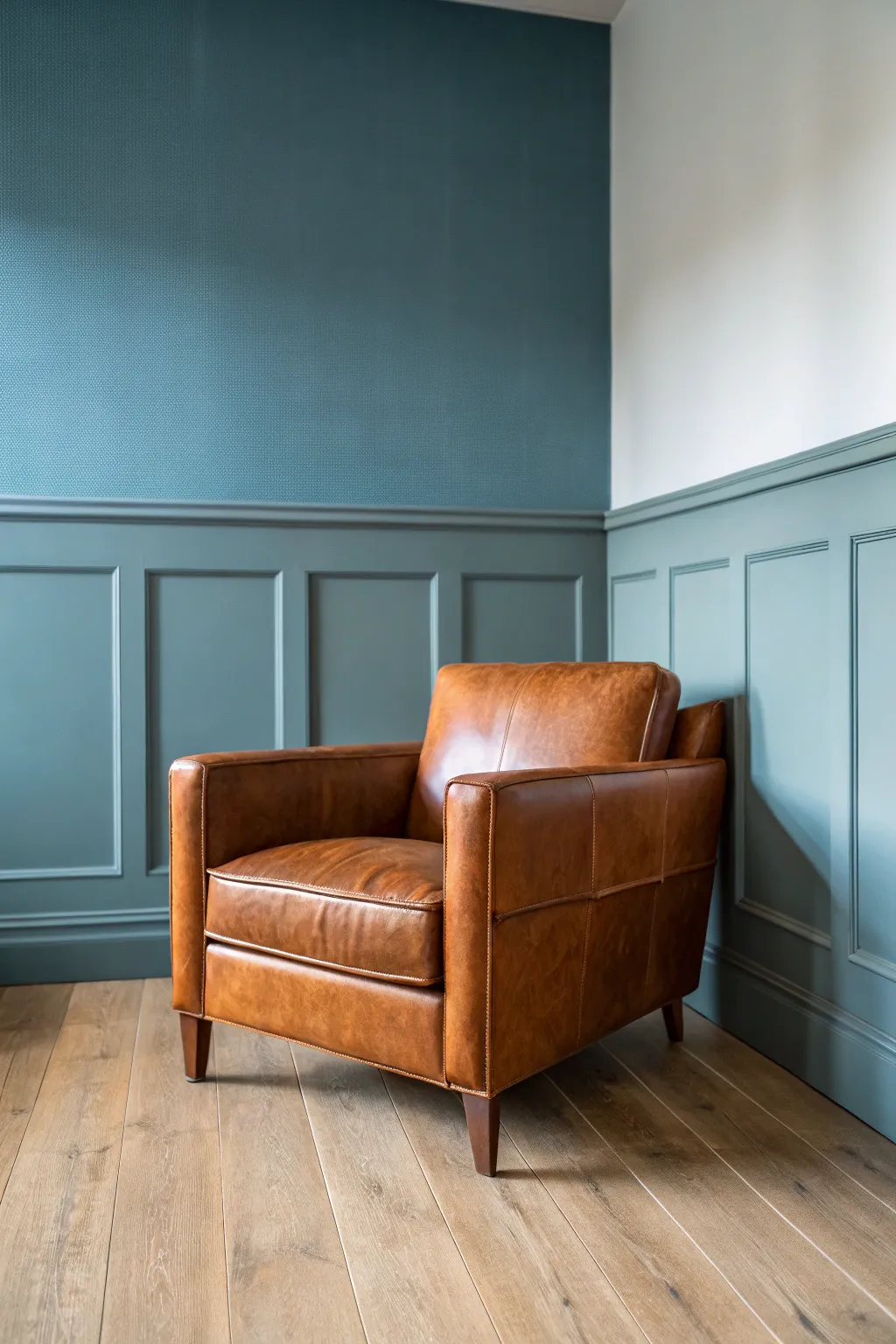 Warm brown leather pops against blue-gray walls, a calm contrast that flatters undertones.