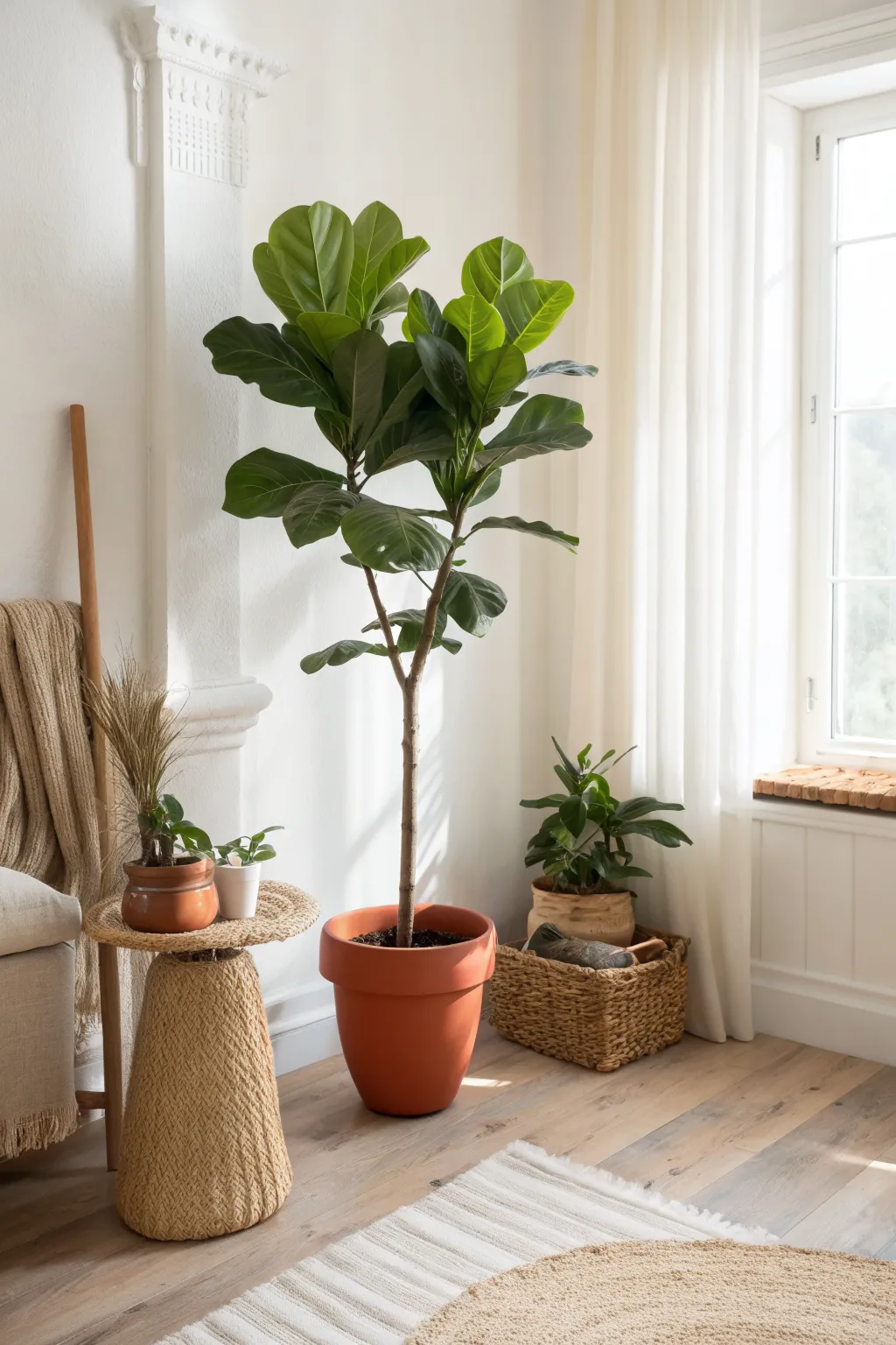A tall leafy statement plant brings fresh color and calm to a minimalist living room corner.