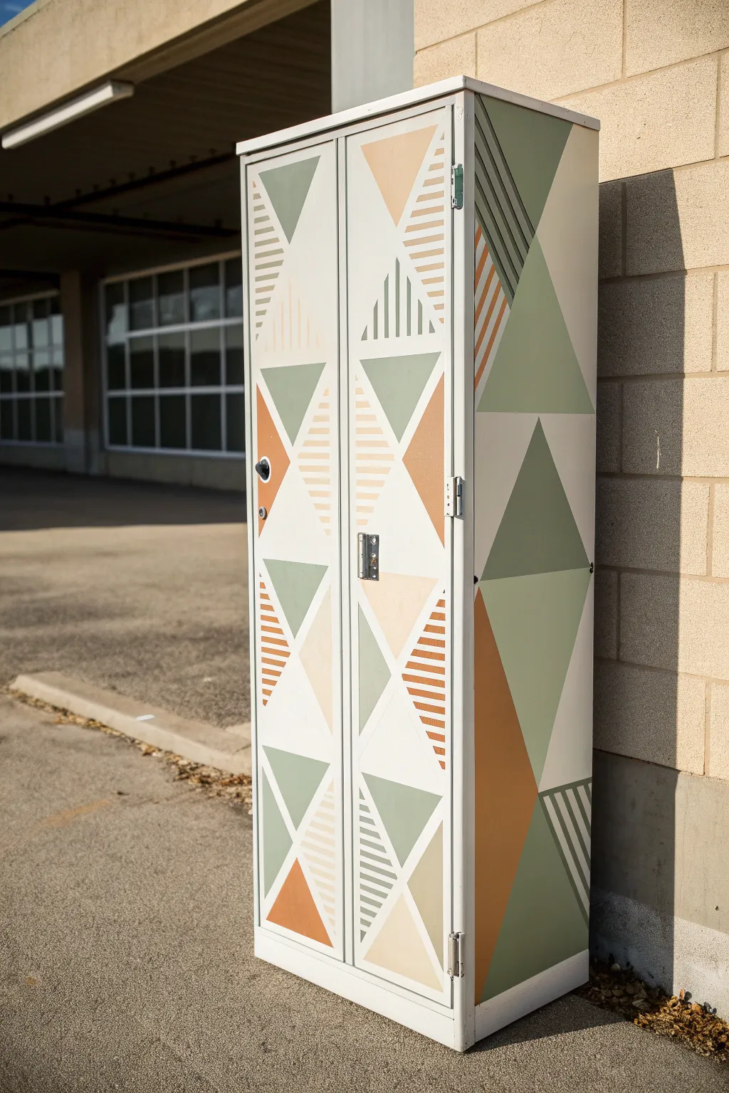 Geometric tape-line pattern transforms a simple locker into crisp Scandinavian-meets-boho art