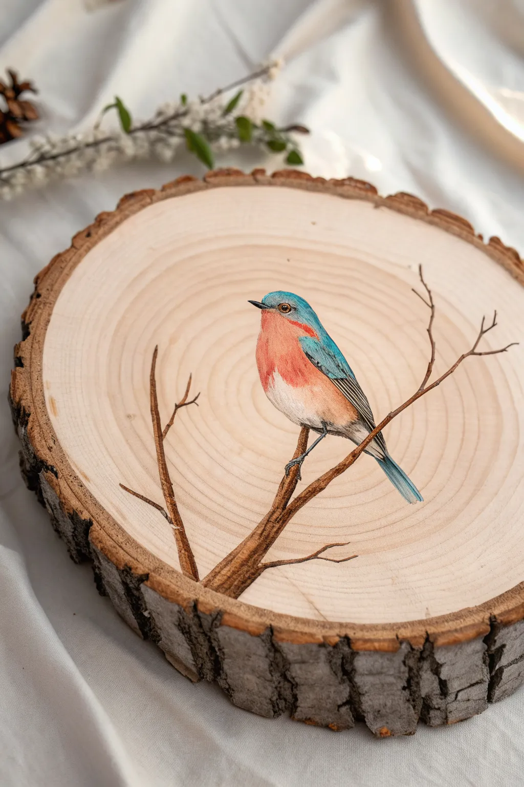 Hand-painted songbird on a wood slice, minimalist Scandinavian boho charm with natural grain.
