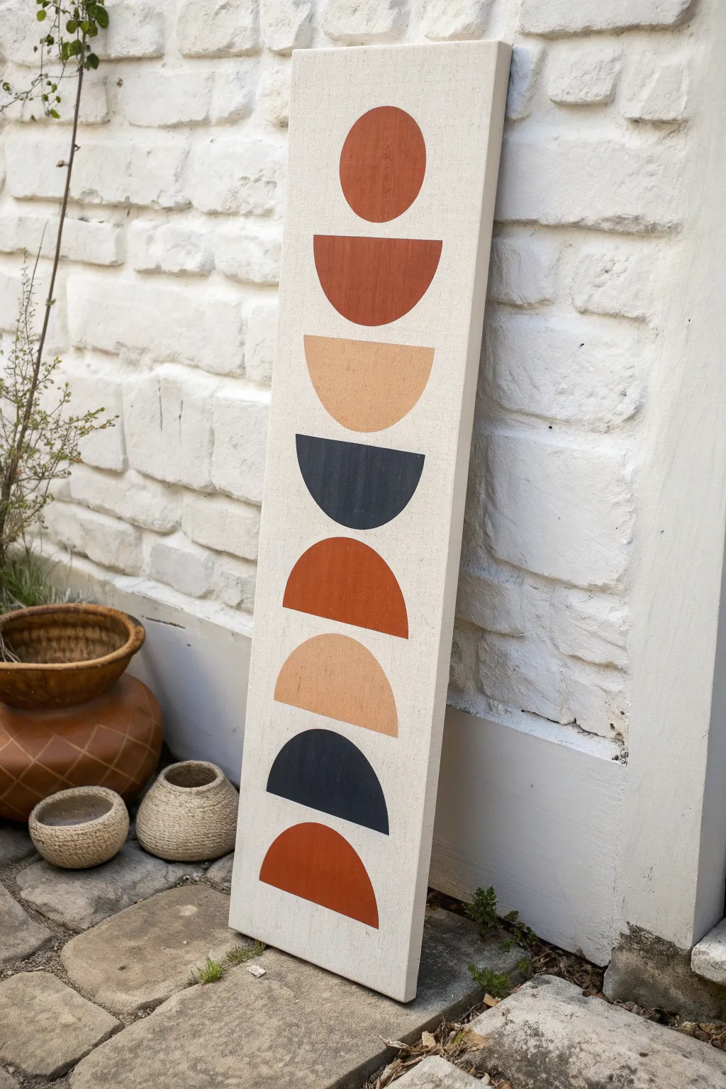 Totem stack of simple shapes on a tall vertical canvas, Nordic minimalism with a soft boho feel.