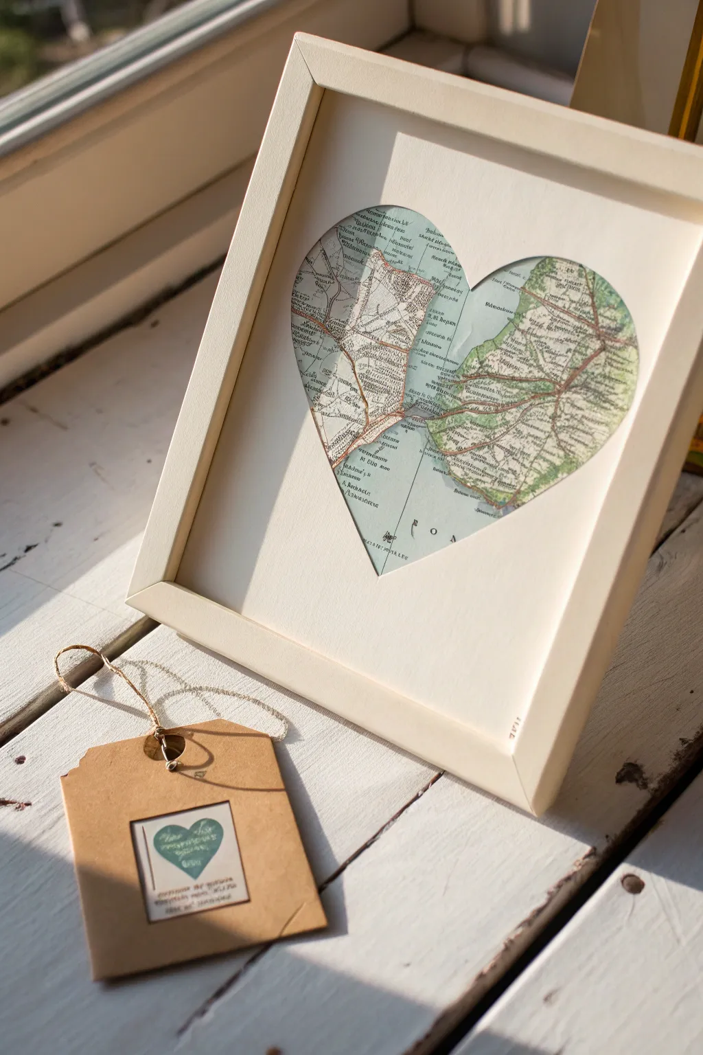Map-style heart keepsake collage, minimalist and nostalgic, made for a handmade love gift.