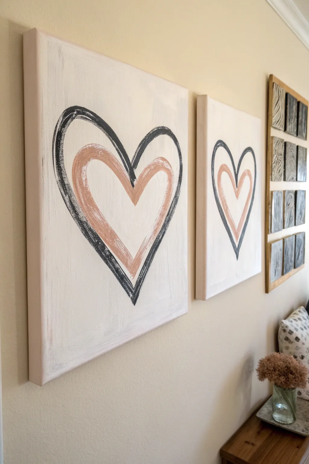 Split-canvas heart diptych with clean Scandinavian lines and boho warmth for love painting ideas