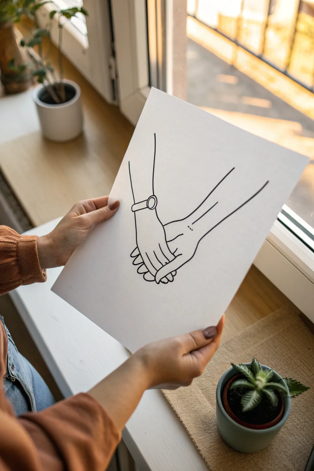 One continuous line, two hands clasped—minimalist loyalty with Scandinavian calm and boho warmth.