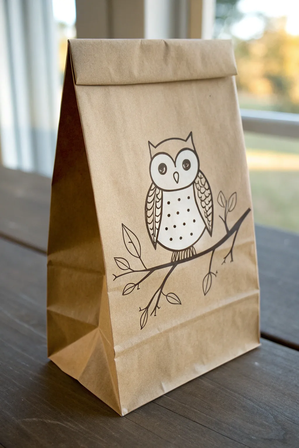 Easy lunch bag doodle: big-eyed owl on a branch, simple shapes, cozy minimalist boho vibe