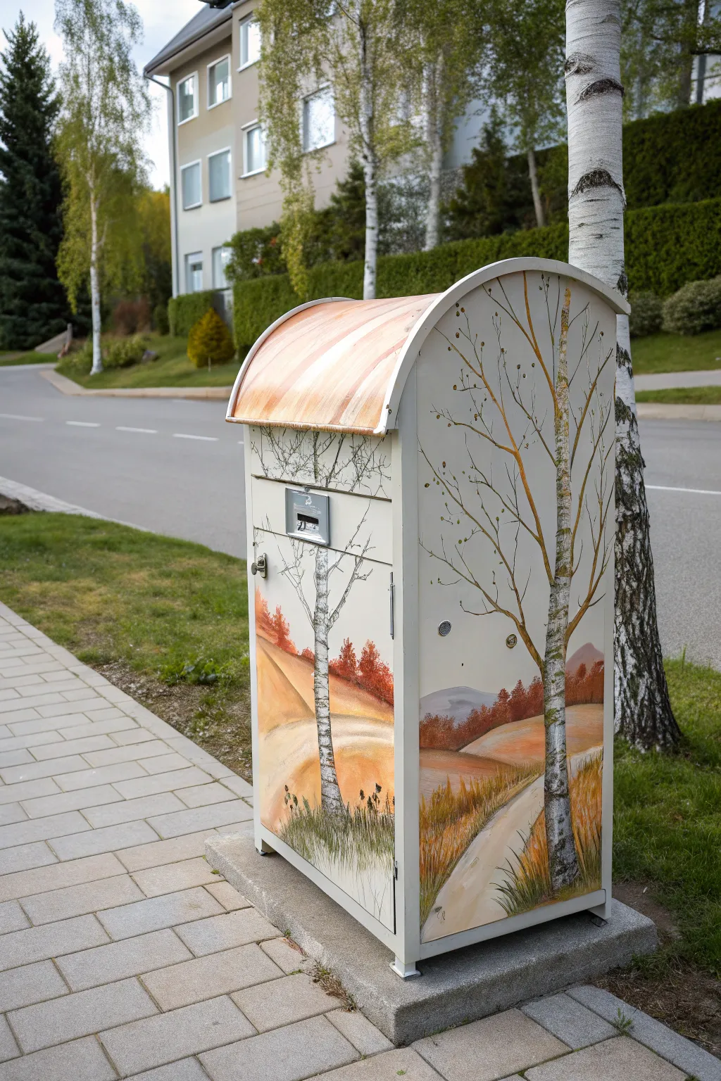 Hand-painted mailbox with a seamless story mural flowing over the curved top in soft neutrals.