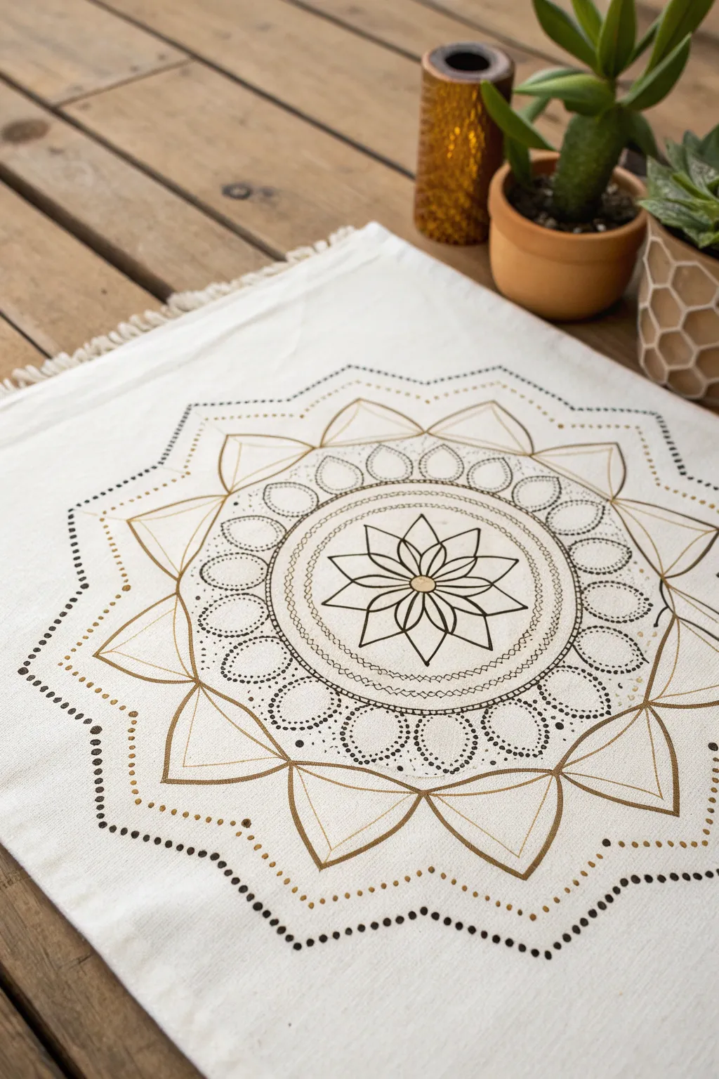 Minimal mandala with a honeycomb hexagon ring, crisp ink lines and soft boho warmth