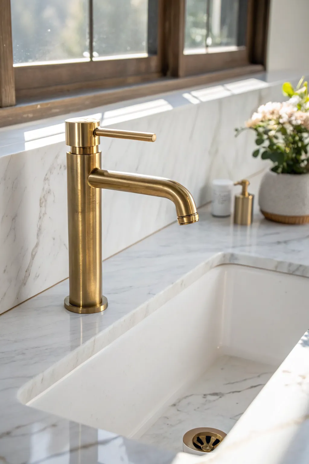 Brushed brass on cool Carrara marble, a simple glow-up for minimalist, boho spaces.