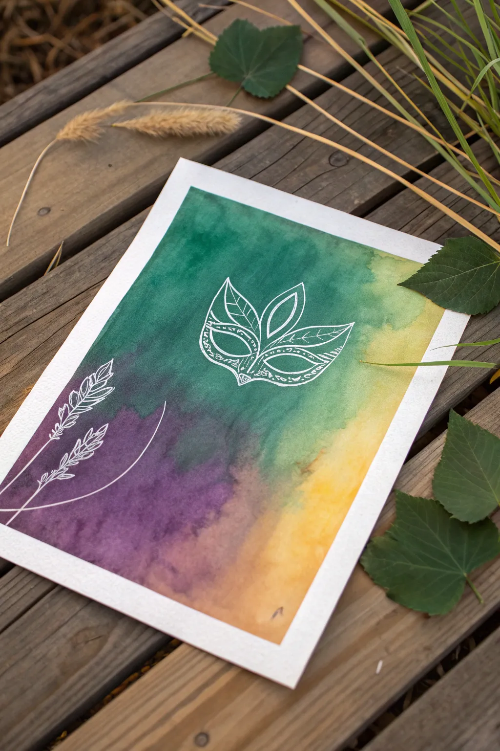 Create a Mardi Gras gradient wash with a simple mask outline for an easy carnival study.