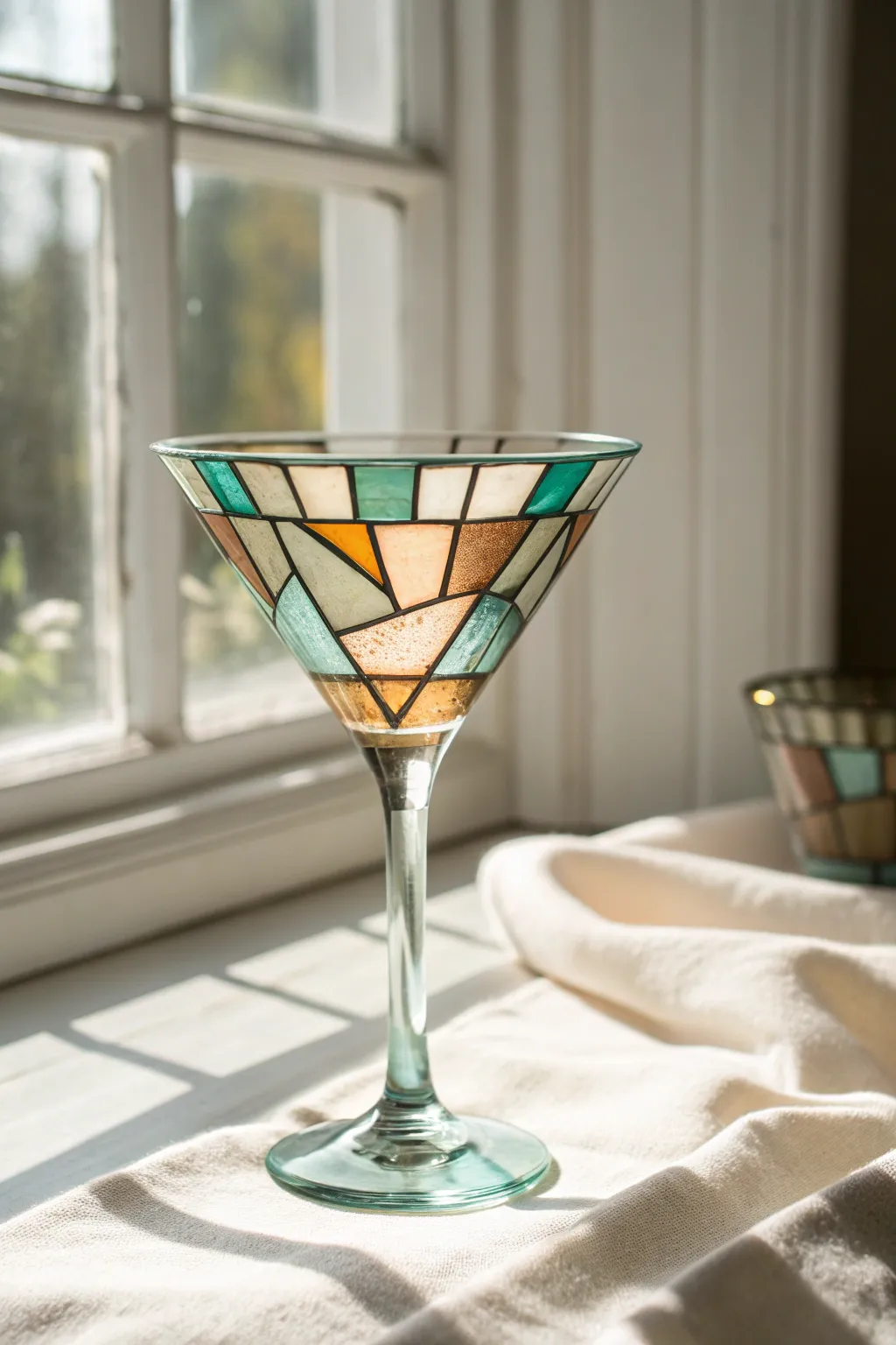 Stained-glass inspired martini glass with translucent color blocks glowing in soft daylight.