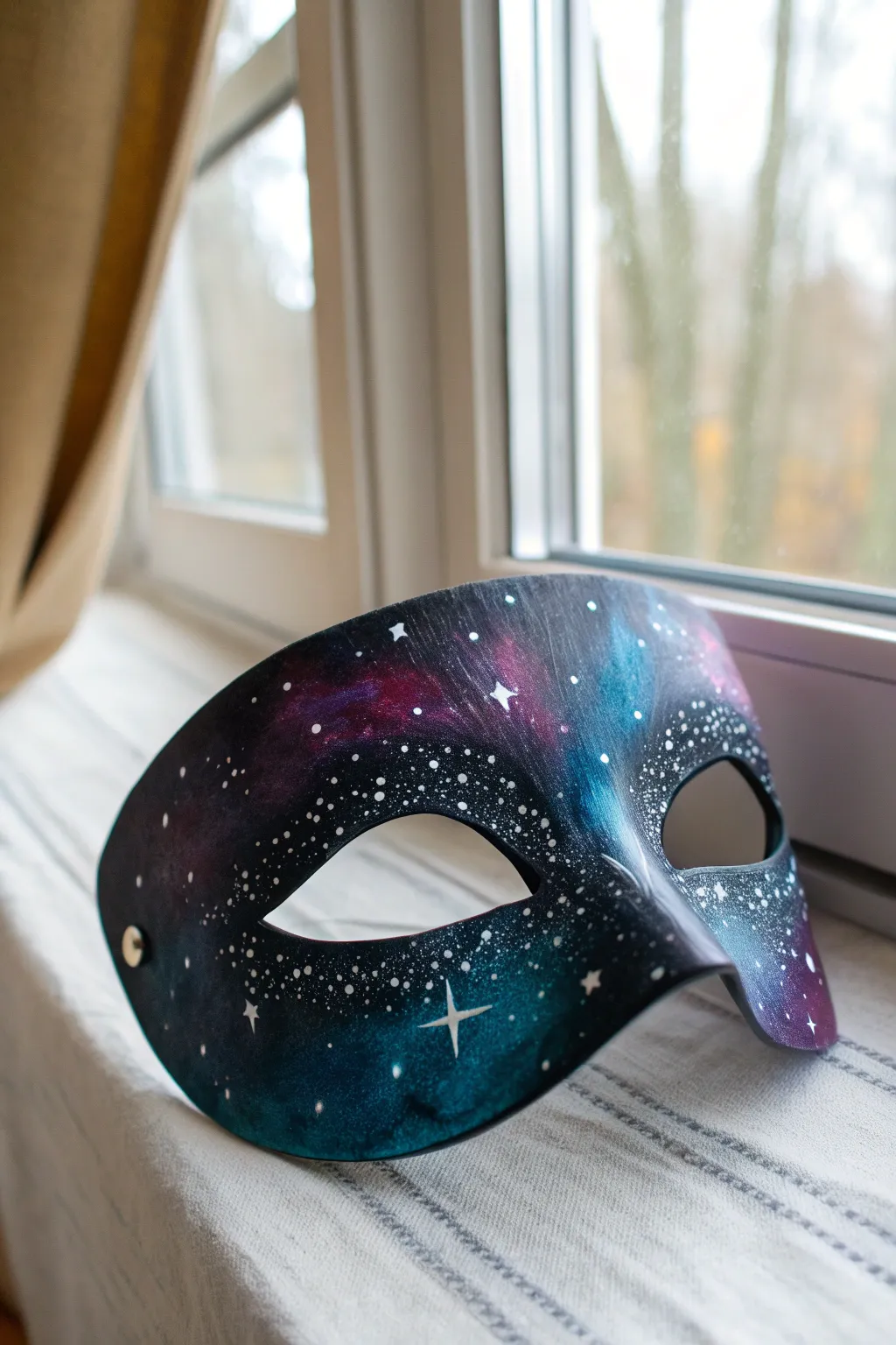 Galaxy nebula mask painting with star splatter and a soft glow concentrated around the eyes