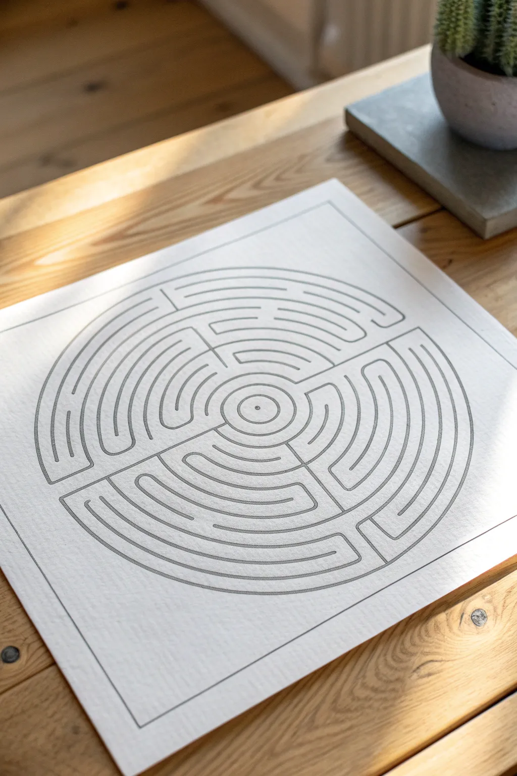 Minimal mirror-symmetry maze with a soft centerline, crisp ink lines, and calm Nordic tones