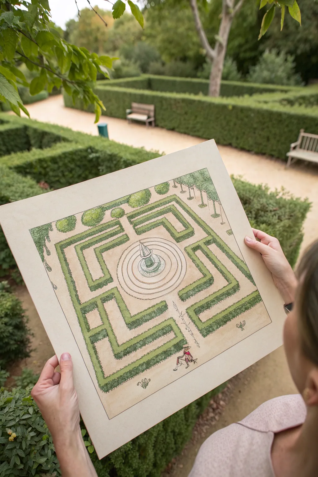 Minimal top-down hedge maze drawing in watercolor greens with a tiny central fountain