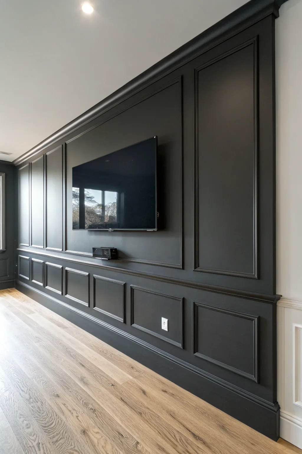 Dark trim and baseboards matching the wall make the screen area feel calm and distraction free