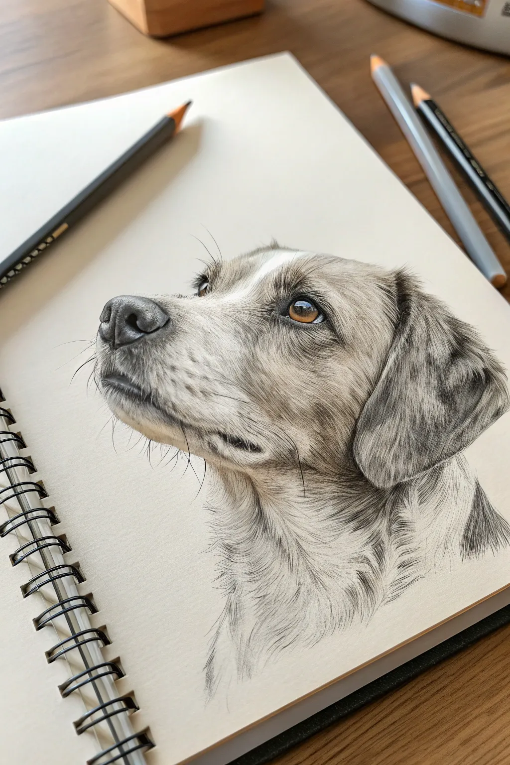 Medium drawing idea: cropped pet portrait with a fur direction map for lifelike shading.