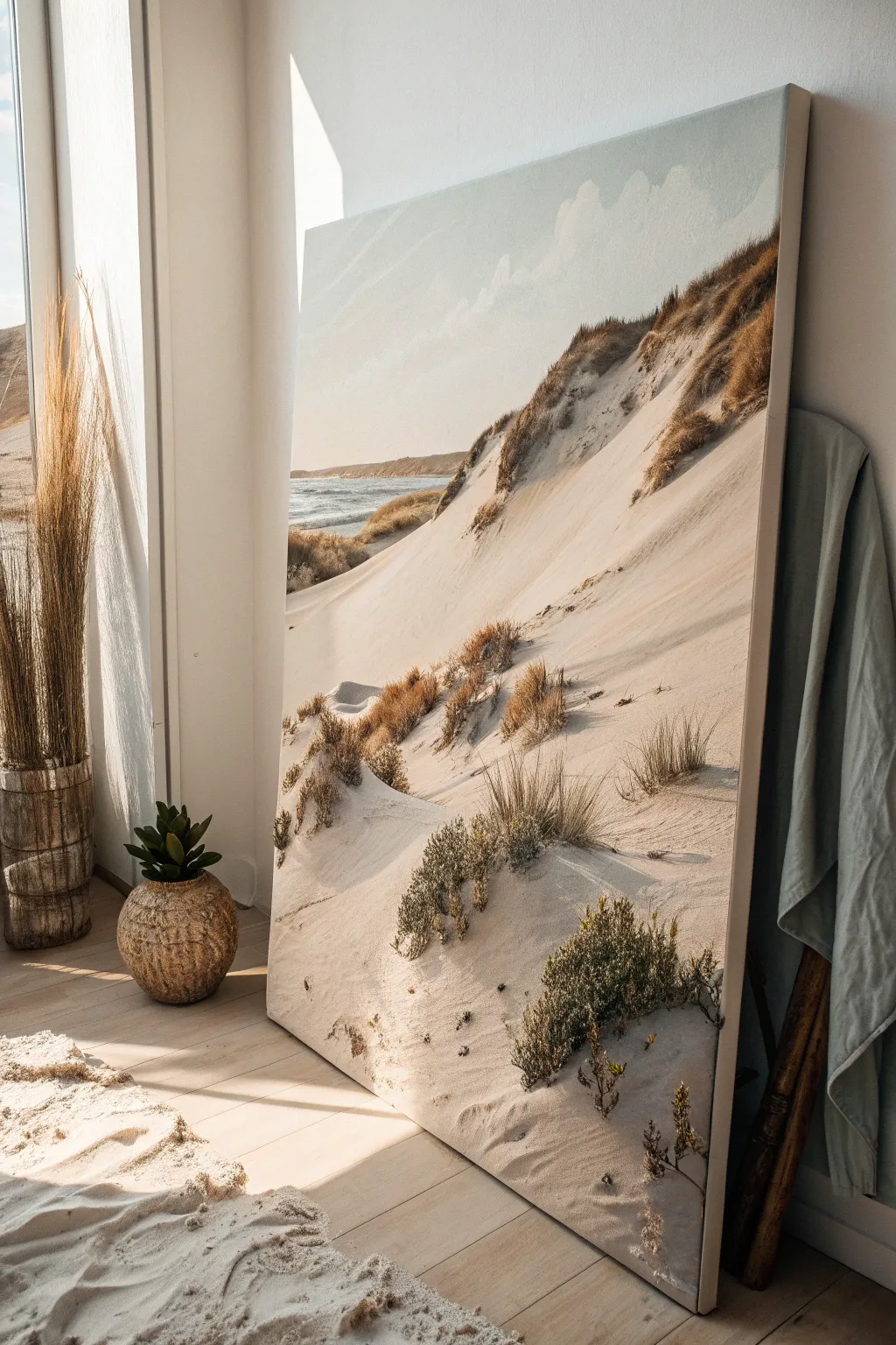 Sand-texture abstract canvas with gritty ridges and sweeping earthy color, lit from the side.