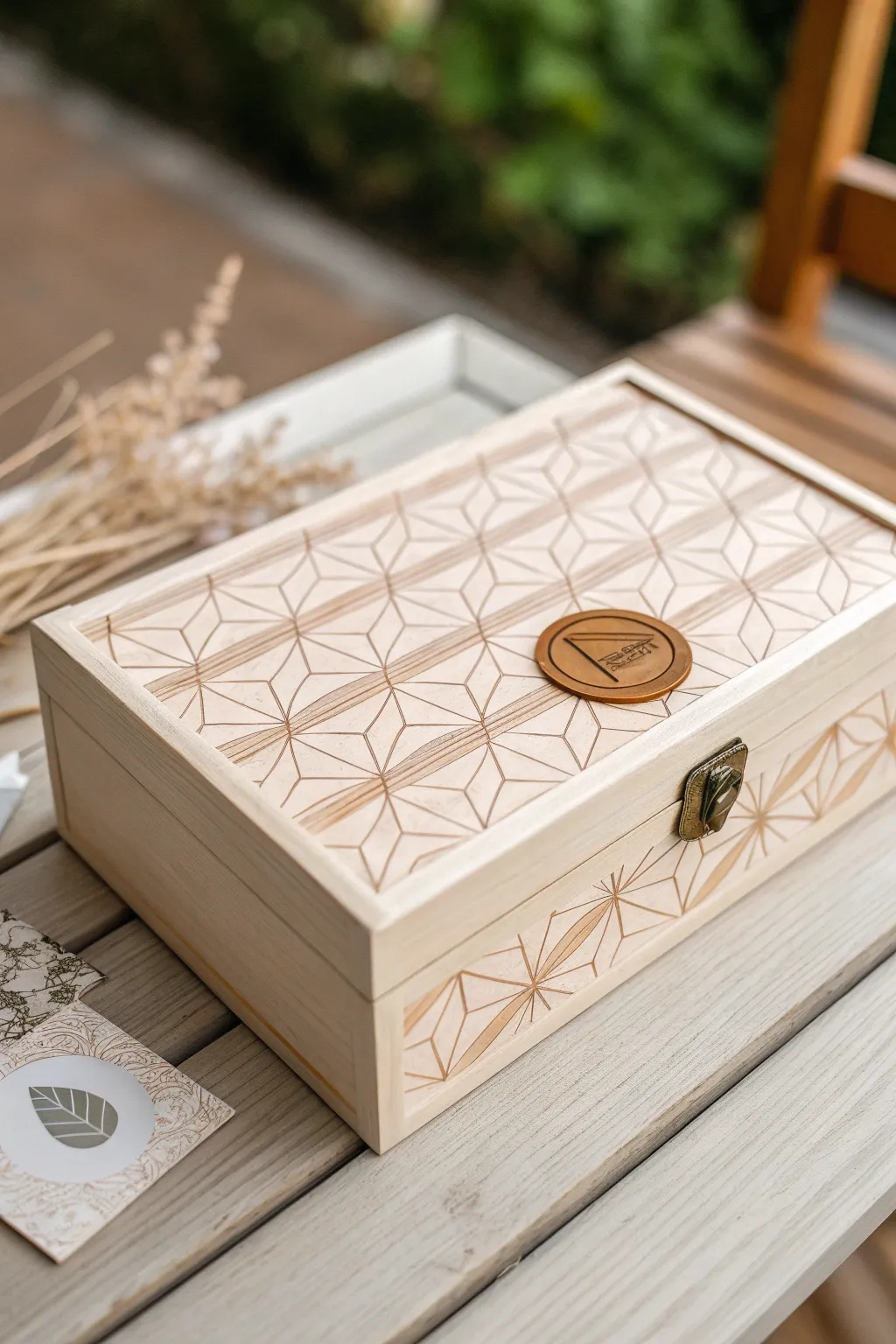 Love letter inspired memory box with envelope motifs and wax seal centerpiece in soft tones